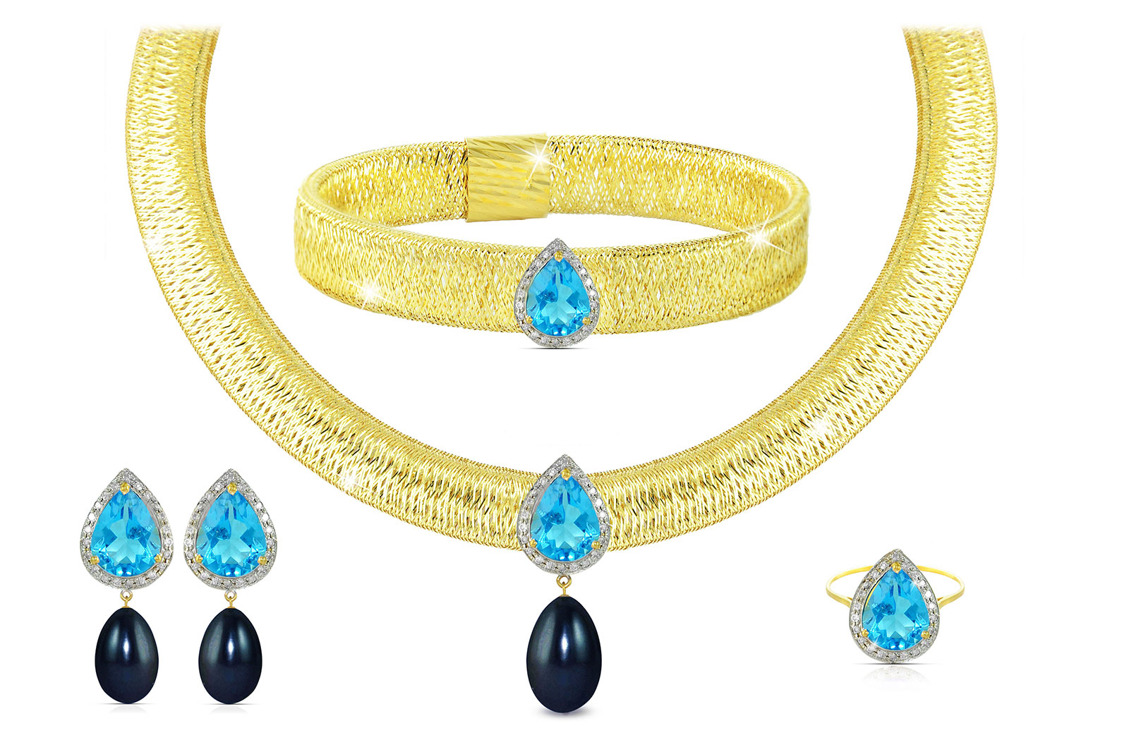 Vera Perla 18K Gold 0.60ct Diamonds, Topaz and 13mm Black Pearl Jewelry Set - 4 pcs.